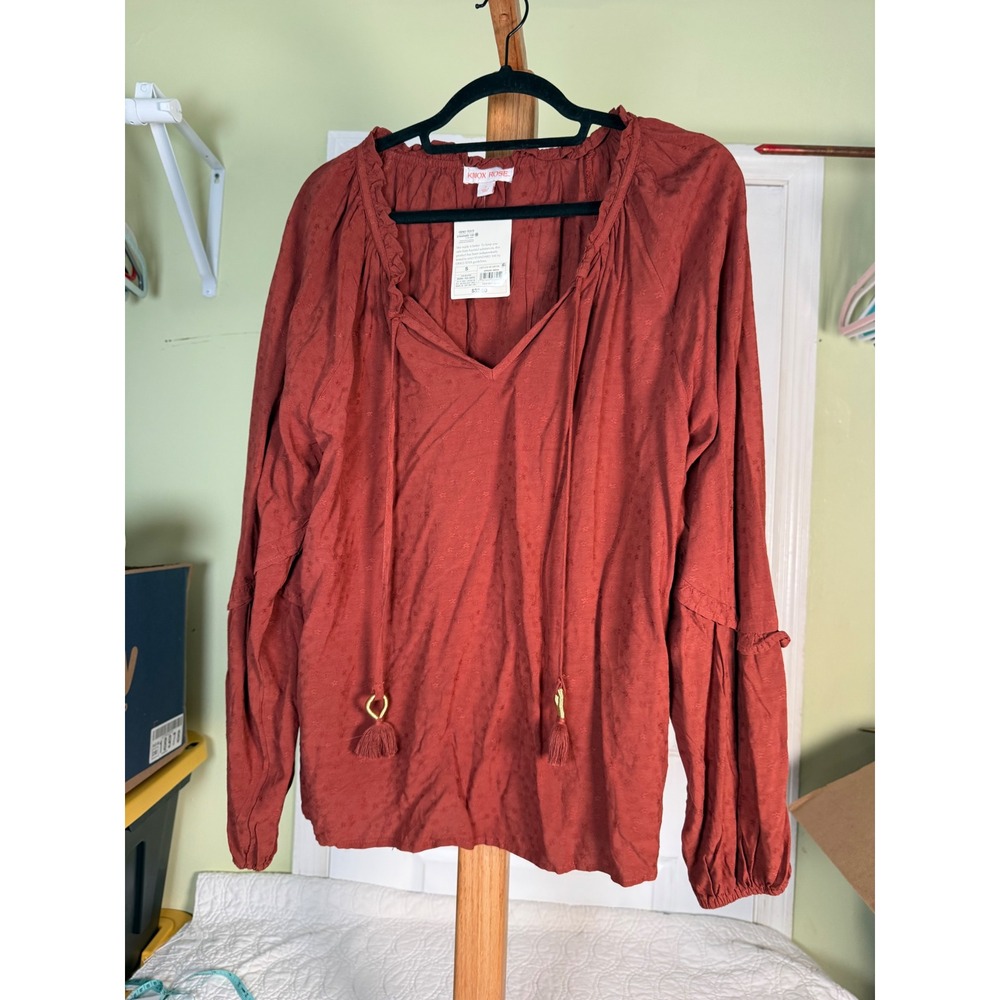 Knox Rose Rust Brown Star Textured Tassel Peasant Blouse Small NWT
